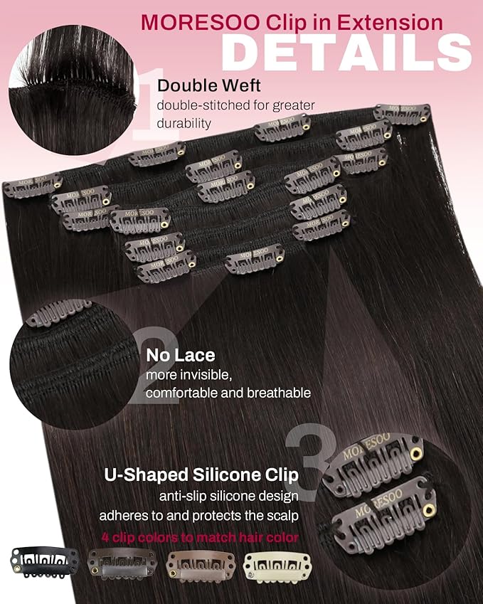 Moresoo Human Hair Clip in Extensions Dark Brown Remy Double Weft Clip in Hair Extensions Real Human Hair Brown #2 7pcs 120g 24inch