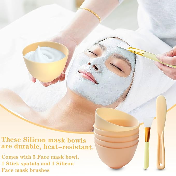 7Pcs Silicone Facial Mask Bowl DIY Face Mask Mixing Bowl for Home Salon Spa Face Skin Applicator, Yellow