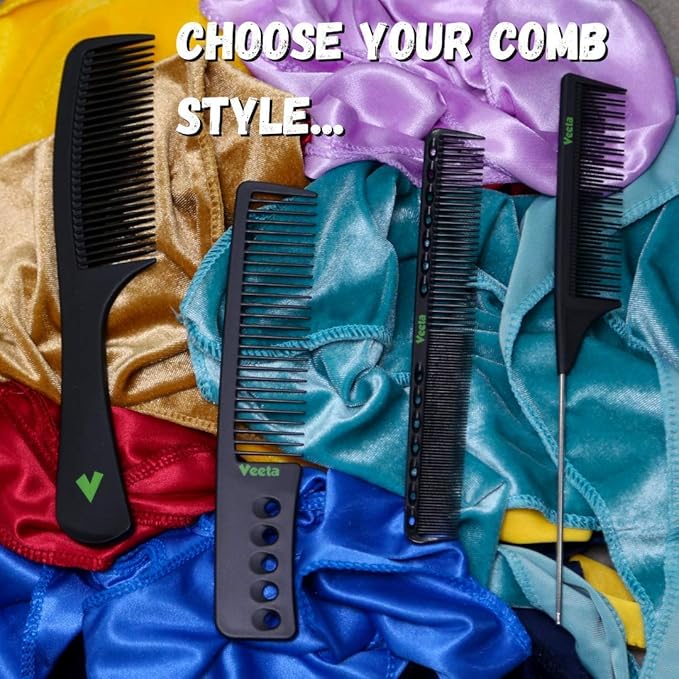 Veeta Professional Carbon Fiber Comb - (Multiple Styles) Anti Static Heat & Chemical Resistant Hair Combs - Rat Tail Comb, Styling Comb, Wide Tooth Comb, Wave Comb (Black) (Rat Tail Comb)