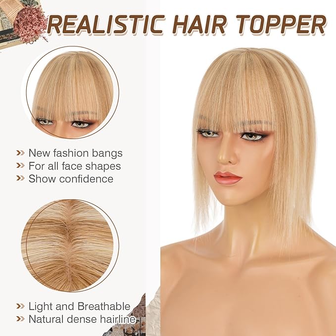 Rich Choices Hair Toppers for Women Real Human Hair 100% Remy Human Hairs Topper With Bang for Thinning Hairs Clip in Silk Base Topper 10 Inch #12P613 Golden Brown Mix Bleach Blonde