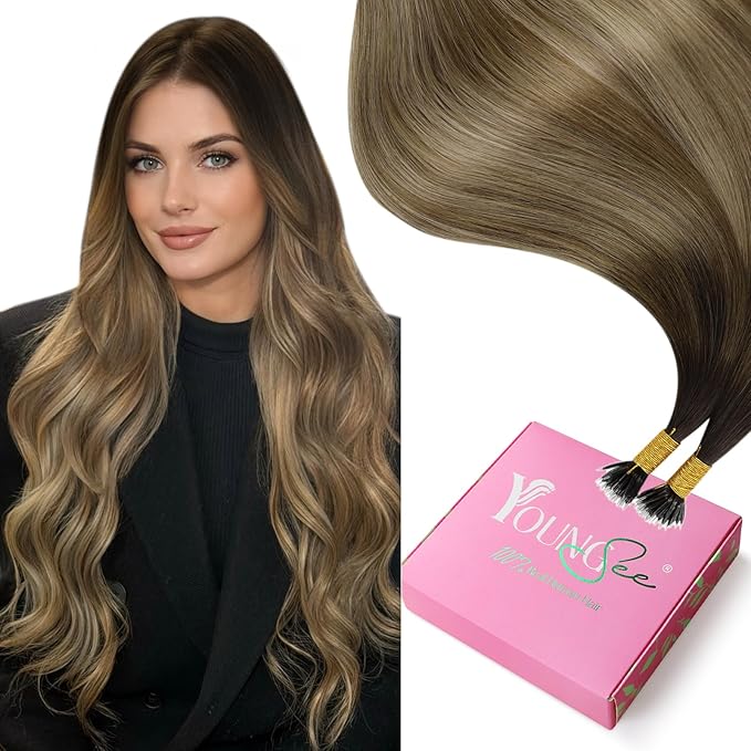 YoungSee Nano Extensions Human Hair Ombre 22 Inch Nano Ring Hair Extensions Human Hair Balayage Dark Brown with Blonde Nanobead Hair-Extension Real Hair or Wedding 50s 50g