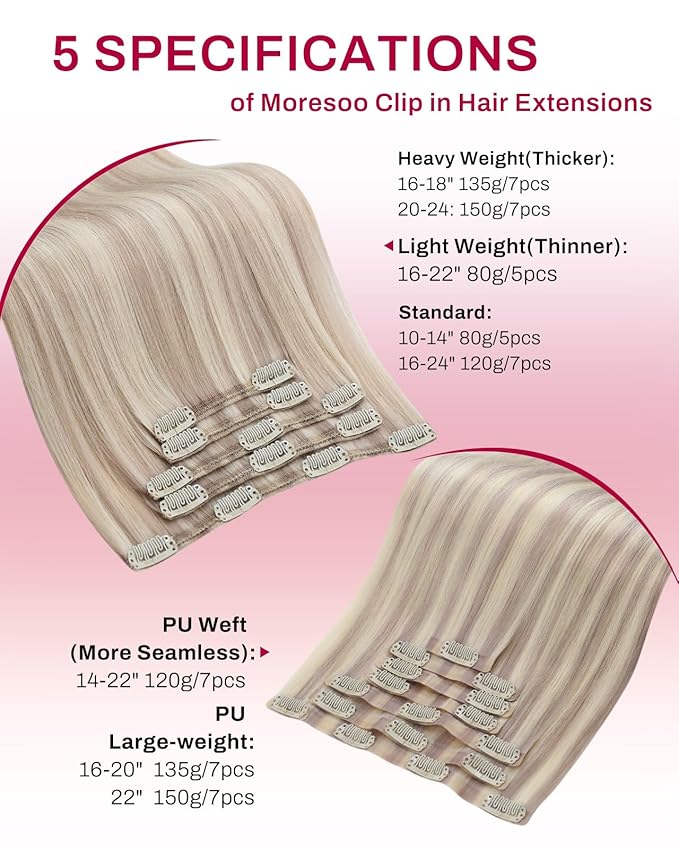 Moresoo Clip in Hair Extensions Real Human Hair Ash Blonde with Bleach Blonde Human Hair Clip in Extensions Straight Double Weft Full Head 5Pcs 80G 20Inch