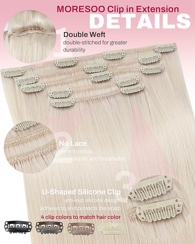 Moresoo Clip in Hair Extensions Human Hair Double Weft Lightest Blonde Real Straight Hair Clip in Extensions Full Head #60A 5Pcs 80G 16inch