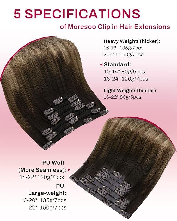 Moresoo Seamless Hair Extensions Clip in Dark Brown to Blonde Ombre Clip in Human Hair Extensions for Short Dark Brown to Medium Blonde with Golden Blonde 120g/7pcs 14in