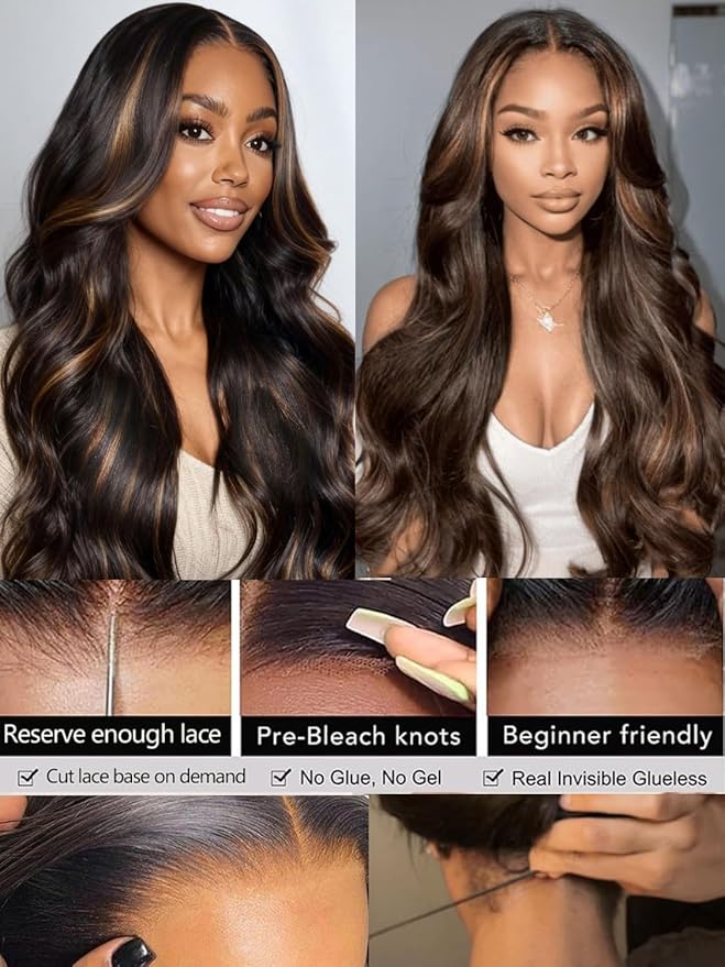 Julia Hair 13x4 Pre Everything Chestnut Brown Highlight Yaki Loose Body Wave Wig With Drawstring Glueless Wigs Human Hair HD Lace Frontal Wig Bleached Knots Ready to Go 16 Inch