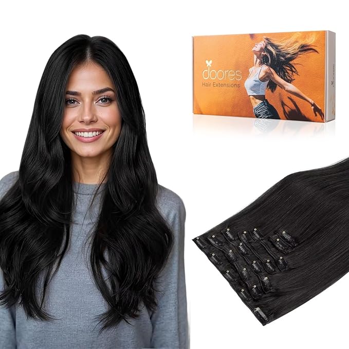 DOORES Clip in Hair Extensions Natural Black 120g 7pcs 16 Inch Real Human Hair Extensions Clip in Straight Natural Hair Extensions Remy Extensions