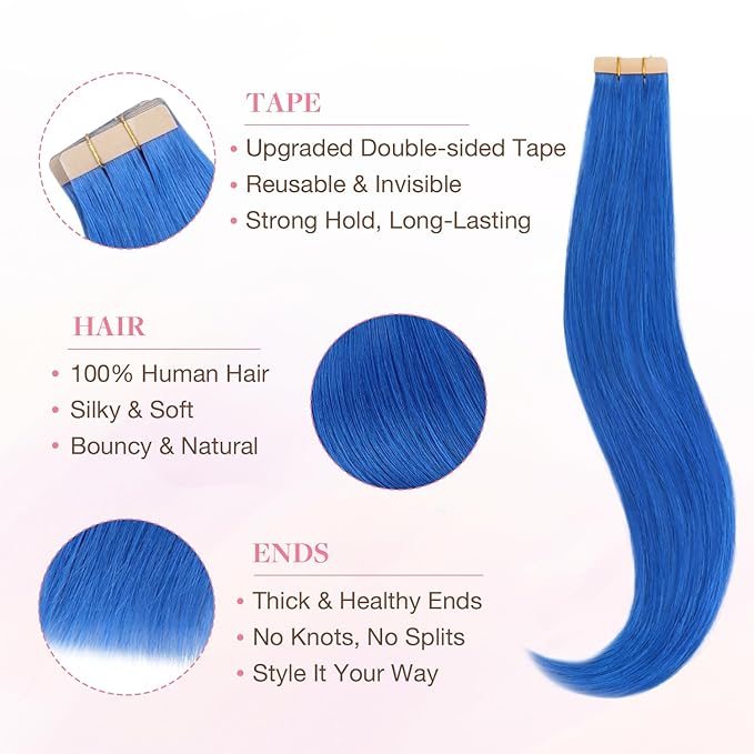 GOO GOO Tape in Hair Extensions Human Hair, Blue, 12inch 20g 10pcs, Colored Tape ins Human Hair Extensions, Silky&Soft Invisible Tape Ins, Hair Highlighted for Party
