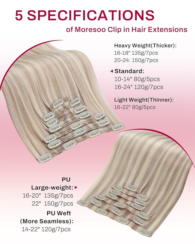 Moresoo Blonde Highlight Human Hair Clip ins Seamless Ash Blonde with Bleach Blond Remy Human Hair Clip in Extensions 135g 7pieces for Wedding Pu Skin Invisible And Thick 16inch