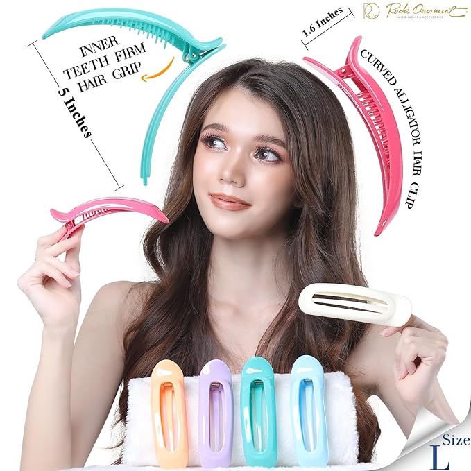 RC ROCHE 6 Pcs Flat Claw Hair Clips for Women Alligator French Barrette Long Thick Hair Duckbill Curved No Slip Grip Lay Flat Side Slide Firm Classic Styling, Large Pastel