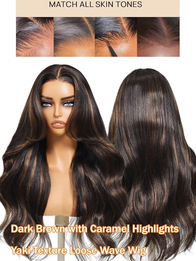 Julia Hair 13x4 Pre Everything Chestnut Brown Highlight Yaki Loose Body Wave Wig With Drawstring Glueless Wigs Human Hair HD Lace Frontal Wig Bleached Knots Ready to Go 24 Inch