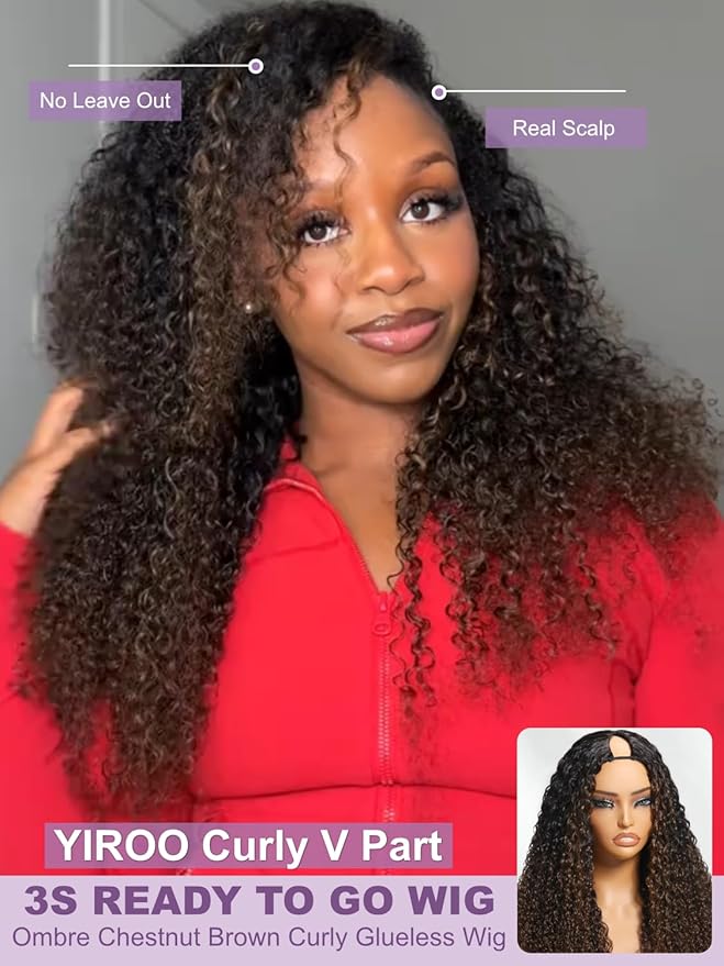 YIROO EasiContour V Part Ombre Brown Human Hair Wig Curly 12A Glueless Upgrade U Part Wig Ombre Black to Chestnut Brown No Leave Out V Shape Clip Wigs Ready to Go 150% Density Beginner Friendly 18Inch
