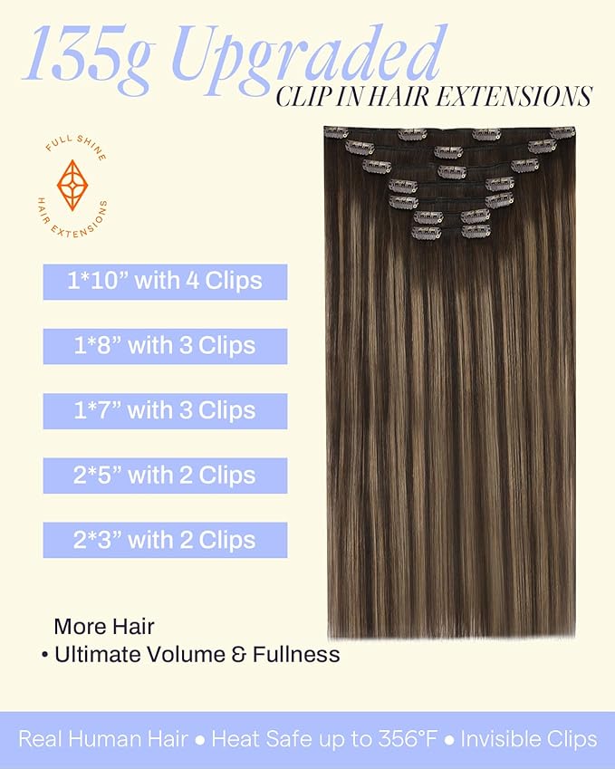 Full Shine Dark Brown Clip in Hair Extensions 16 Inch 135 G Balayage Dark Brown to Ash Brown Remy Hair Extensions Clip ins for Beginners 7 Pcs