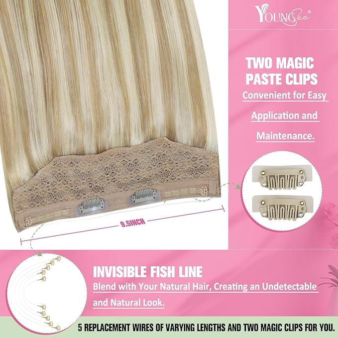 YoungSee Wire Hair Extensions Balayage Wire Human Hair Extensions Balayage Medium Brown Mix Caramel Blonde Fish Line Extension for Women 12 Inch 70g