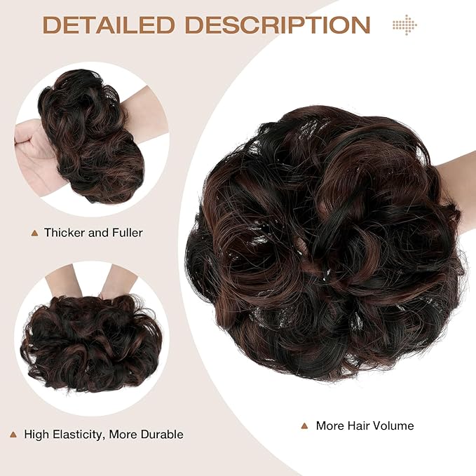 Messy Bun Hair Piece Wavy Curly Scrunchies Fluffy Donut Thick Updo Elegant Chignon Hairpieces for Women Girls, Natural Black Mix Dark Auburn 1.4oz