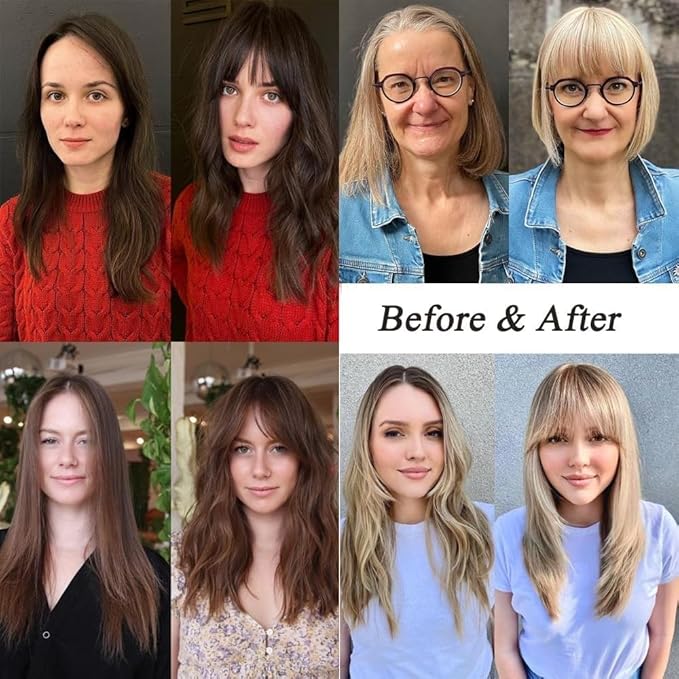 Clip in Bangs Light Brown Color 100% Real Human Hair Wispy Clip on Bangs Extensions Fringe with Temples Hairpieces for Women