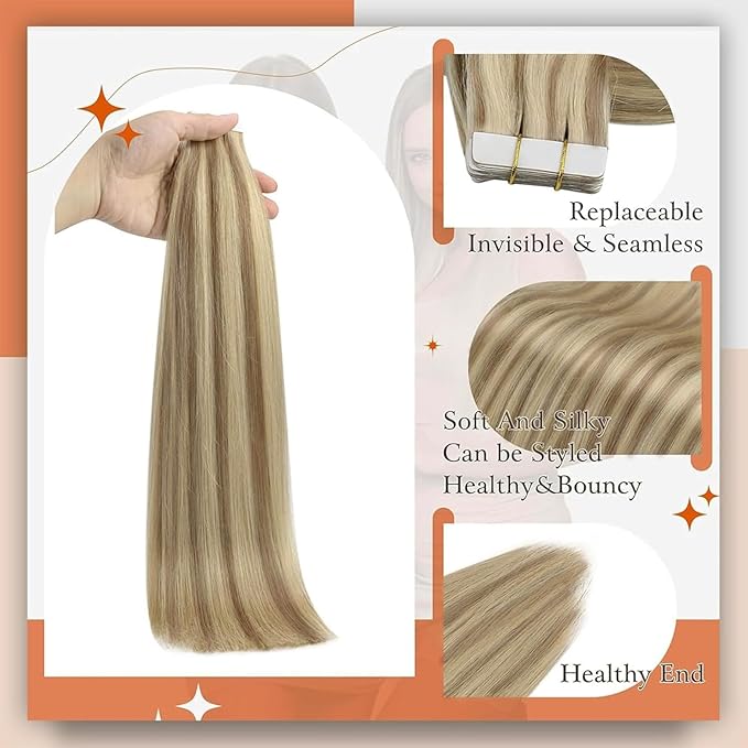 Full Shine Tape in Real Human Hair Extensions Remy Hair Extensions Color 16P22 Blonde Tape in Hair Extensions Straight Hair 20Pcs Seamless Tape ins Extensions Skin Weft Human Hair Extension 30g 12Inch