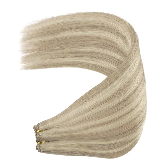 YoungSee 130G Blonde Weft Hair Extensions Highlight Warm Ash Blond Mix Bleach Blonde Hair Weft Extensions Long Straight Human Hair Extensions Sew in for Fuller Look 24 Inch