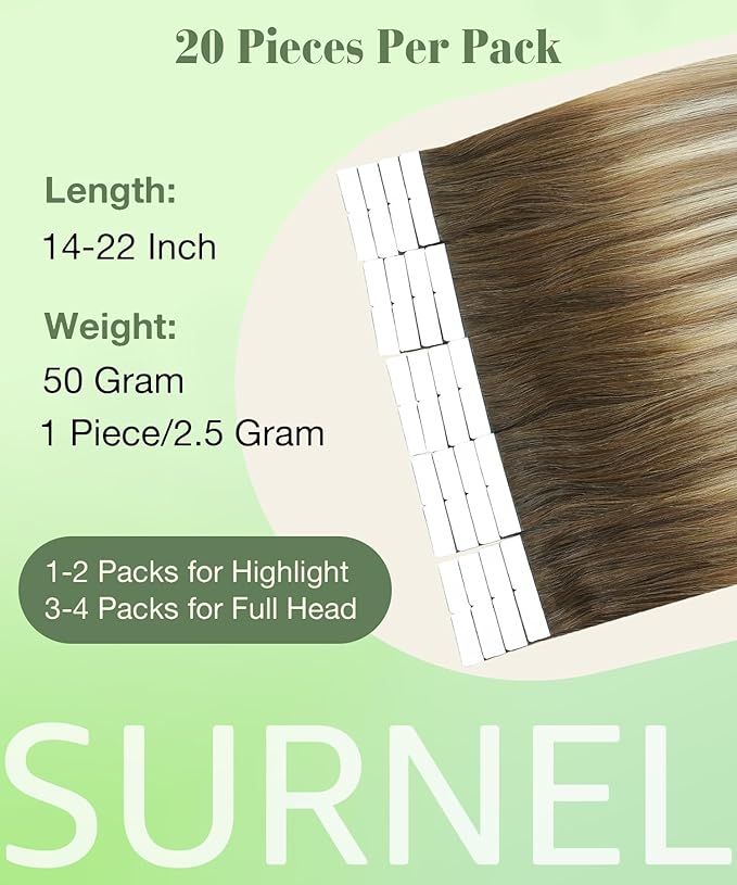 SURNEL Tape in Hair Extensions Balayage Walnut Brown to Ash Brown and Golden Blonde Tape in Human Hair Extensions 18 inch 20pcs 50g(#3/8/22-18)