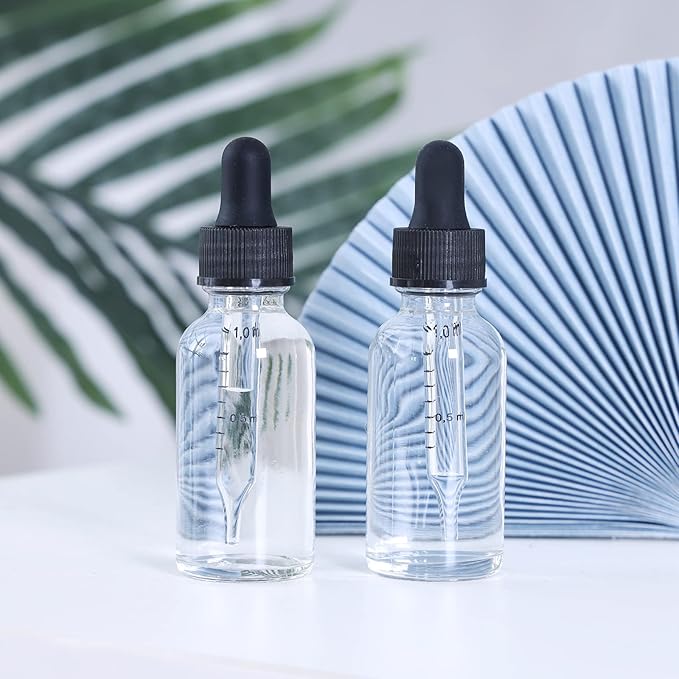 2 oz Dropper Bottle 24 Pack Clear Glass Boston Bottles 60ml with Eye Droppers Black Caps for Essential Oils, Perfume, Leak Proof Travel Bottles for Liquids