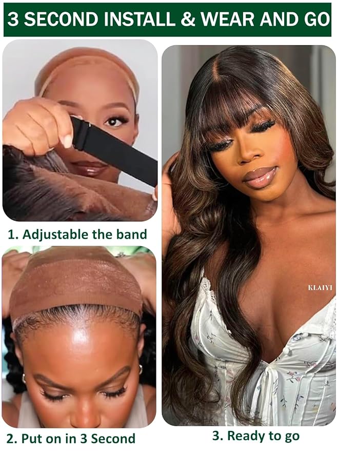 KLAIYI Ombre Brown Loose Body Wave Pre Everything Glueless 13x4 HD Lace Front Human Hair Wig with Natural Bang Highlight Balayage Brown Precut Lace Pre Plucked Bye Bye Knots Drawstring Wig 180% 16Inch