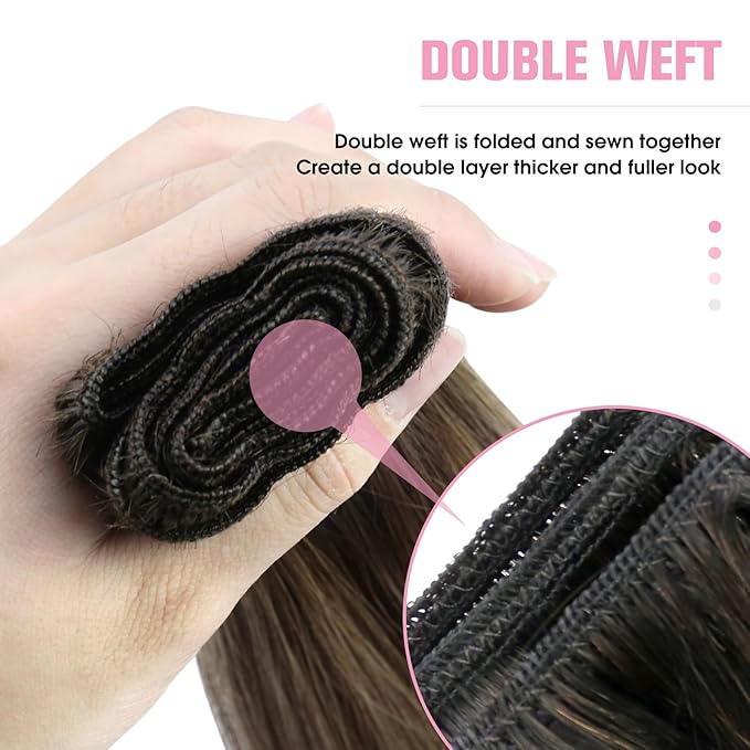 YoungSee 125G Hair Extensions Weft Dark Brown Mix Caramel Blonde Balayage Weft Hair Extensions Human Hair Brown Ombre Sew in Hair Extensions Long Straight Hair 22Inch