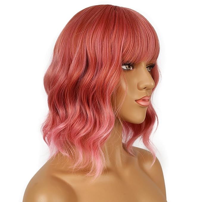 Short Bob Wigs with Bangs for Women Loose Wavy Wig Curly Wavy Shoulder Length Bob Synthetic Cosplay Wig for Girl Colorful Costume Wigs (Dark Pastel Pink)