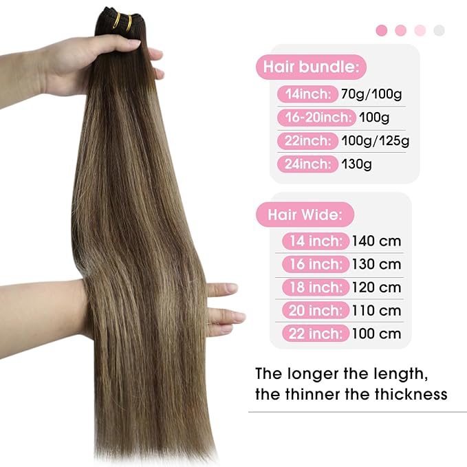 YoungSee 125G Hair Extensions Weft Dark Brown Mix Caramel Blonde Balayage Weft Hair Extensions Human Hair Brown Ombre Sew in Hair Extensions Long Straight Hair 22Inch