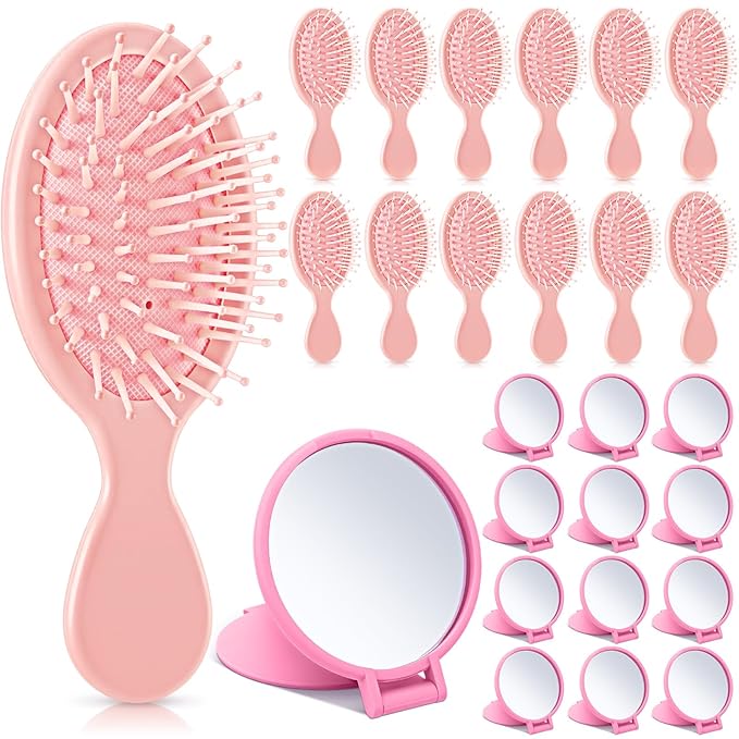 Meanplan 24 Pcs Mini Hair Brush Set 12 Travel Wet Dry Hair Combs Pocket Detangling 12 Compact Folding Makeup Mirrors for Spa Sleepover Birthday Bridal Shower Bachelorette Christmas Party Gift (Pink)