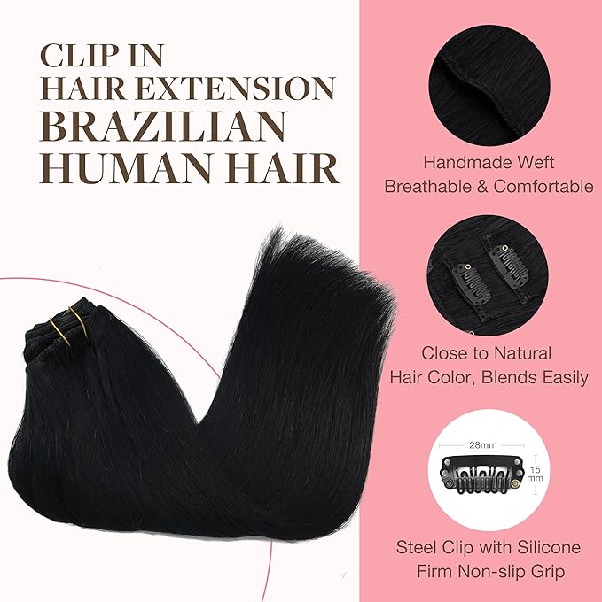 GOO GOO Clip in Hair Extensions Real Human Hair, Remy Human Hair Extensions Clip ins for Women, Natural Human Hair, 20inch 160g 7Pcs, #1 Jet Black