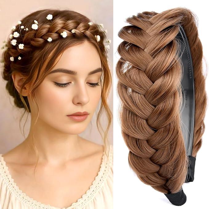 DIGUAN Wide Messy Braided Headband With Teeth Synthetic Hair Plaited Headband High Elasticity Braids Chunky Fishtail Braided Hair Band Hairpiece for Girls Women (Medium Brown)