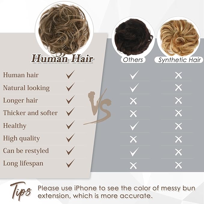 RUWISS Large Messy Bun Hair Piece 100% Human Hair Layered Wavy Curly Hair Buns Hair Piece for Women Updo Hairpiece for Daily Wear Real Hair Ponytail Extension (Chocolate Brown Highlighted Dark brown)