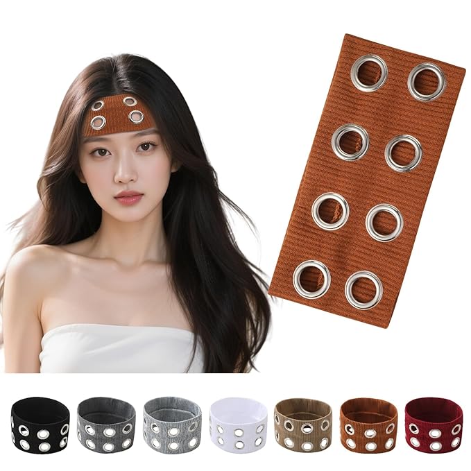 papasgix Grommet Headband for Women, Y2K Elastic Headband Wide Black Hair Band with Holes Metal Rock Style 2000s Hair Accessories (1, Deep Coffee)