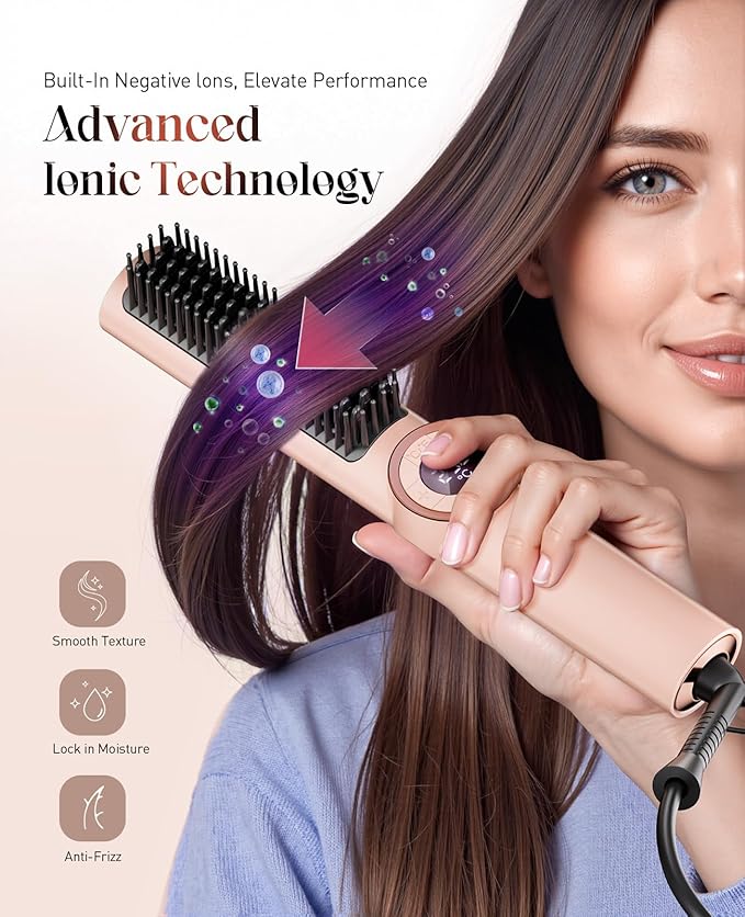 Hair Straightener Brush: Ionic Hair Straighteners for Women with 15 Temps, Straightening Brush Fast Heating with LED Display & Dual Voltage, Gold