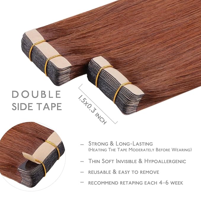 WENNALIFE Tape in Hair Extensions Human Hair, 20pcs 40g 12 inch Dark Auburn Copper Remy Hair Extensions Straight Human Hair Tape in Extensions Skin Weft Tape Extensions Human Hair