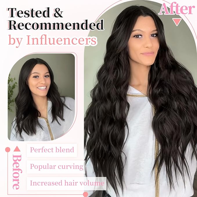 KooKaStyle Clip in Long Wavy Synthetic Hair Extension 20 Inch 4PCS Dark Brown Hairpieces Fiber Thick Double Weft Hair Extension for Women