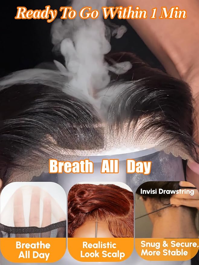Julia Hair Reddish Brown Glueless Jerry Curly Human Hair Invisi-Drawstring Wig Auburn Pre Cut 7x5 Lace Front Wigs Pre Plucked Bleached Pre Cut Lace Closure Natural Hairline Put On and Go 24 Inch