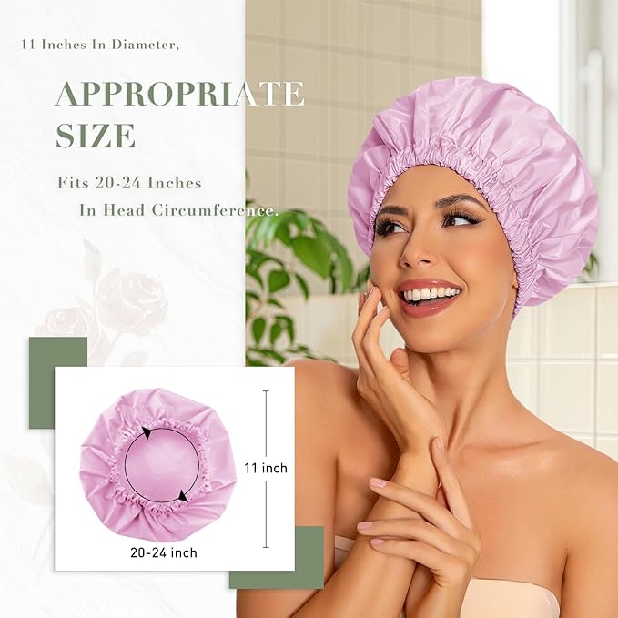 Reusable Shower Cap for Women, Large Waterproof Shower Bonnet Washable Elastic Band Bath Accessories Hair Hat for Long Hair, Braids(Black&Purple)