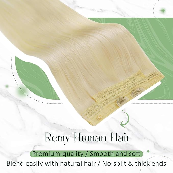 RUNATURE Wire Hair Extensions, Real Human Hair Wire Extensions Blonde, Invisible Fish Line Hair Extensions, Remy Natural Hair for Women, Add Volume, 12 Inch 70g #24 Bleach Blonde