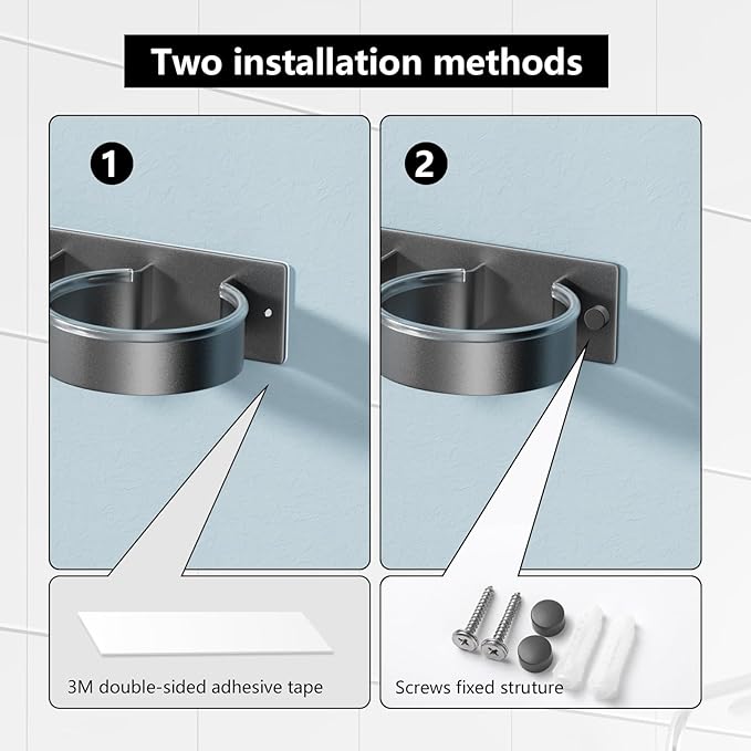 YUET Hair Dryer Holder Hairdryer Straightener Station Wall Mounted/Self Adhesive Metal Spiral Shelf Bracket Stand Hanger Organizer Blow Storage With Cable Tidy Rack For Dressing Table Bathroom (Grey)