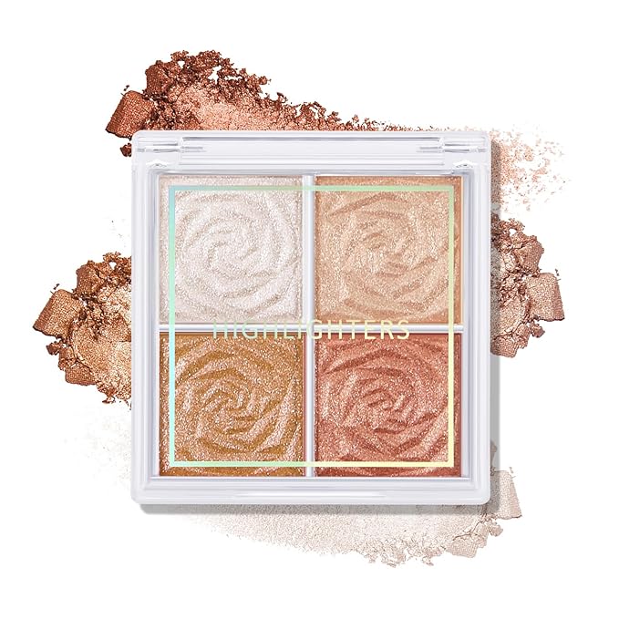 Boobeen Blush and Highlighter Palette- 4-color Metallic Shimmer Shadow Powder, Illuminator Makeup Set for Shading, Highlighting & Defining the Face