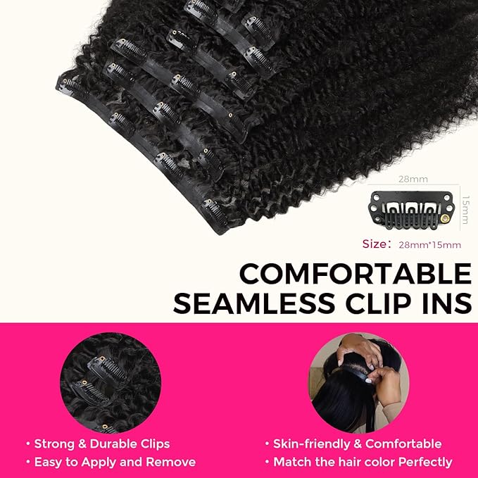 Lashey Clip in Hair Extensions 20 Inch 110g 7pcs Seamless Clip in Hair Extensions Human Hair Afro Kinky Curly Clip Ins for Women, #1B Natural Black 4C
