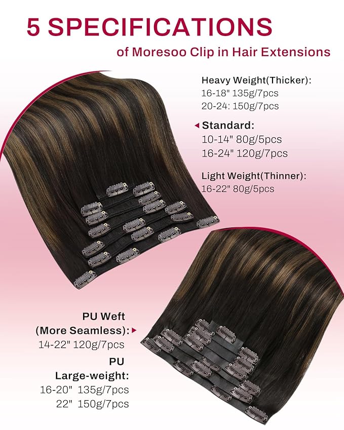 Moresoo Seamless Clip in Hair Extensions Human Hair Balayage Dark Brown to Chestnut Brown Hair Extensions Clip ins Short Straight Pu Skin Weft 120g/7pcs 14 inch