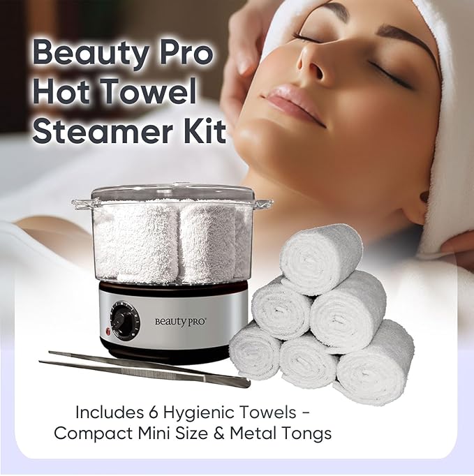Pro Beauty - Hot Towel Warmer for Spa - Professional Towel Steamer Kit - Facial Esthetician Equipment, Massage Salon Supplies, Metal Tongs Included, 6 Hygienic Towels - Compact Mini Size