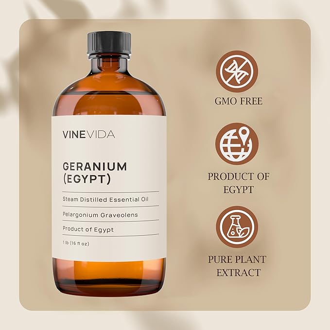 VINEVIDA Geranium (Egypt) Essential Oil 32 oz - Undiluted Geranium (Egypt) Oil 32 oz - Geranium (Egypt) Candle Oil Scent - DIY Candle Scents for Candlemaking - Bulk Essential Oil for Soap Making