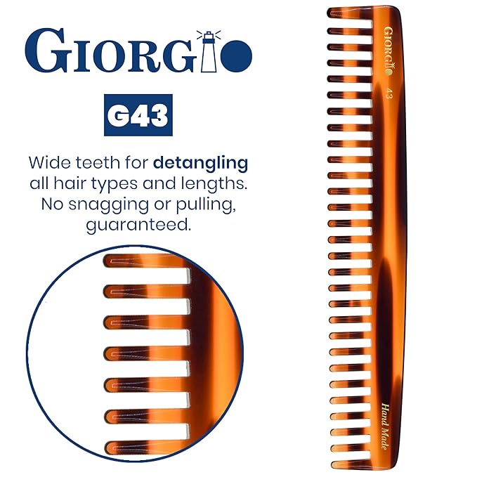 Giorgio G43 Large 7.25 Inch Hair Detangling Comb, Wide Teeth for Long Thick Curly Wavy Hair. Detangler Comb For Wet and Dry Hairs. Handmade of Quality Cellulose, Saw-Cut, Hand Polished, Tortoise Shell
