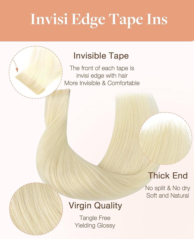 GOO GOO Invisi Edge Tape in Hair Extensions Human Hair, 60A Platinum Blonde 20pcs 10inch 30g, Virgin Remy Hair, Seamless Injected Tape, Natural Look