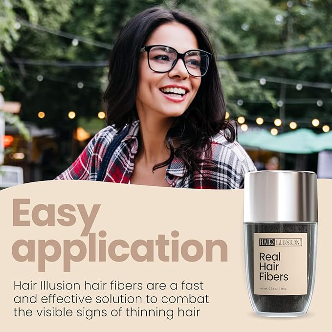Hair Illusion Black Real Hair Fibers for Thinning Hair - 100% Natural Texture, Non Synthetic Hair Fibers - Bald Spot Cover Up for Women & Men - 18 Gram