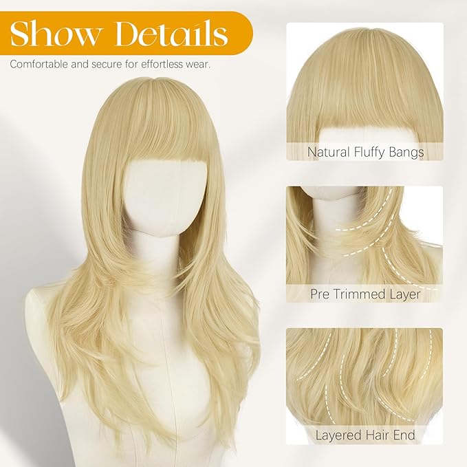 SOFEIYAN Light Blonde Wigs with Bangs 24 Inch Long Straight Layered Wig Natural Hair Soft Heat Resistant Synthetic Medium Length Hair Wigs for Women Daily Party Use