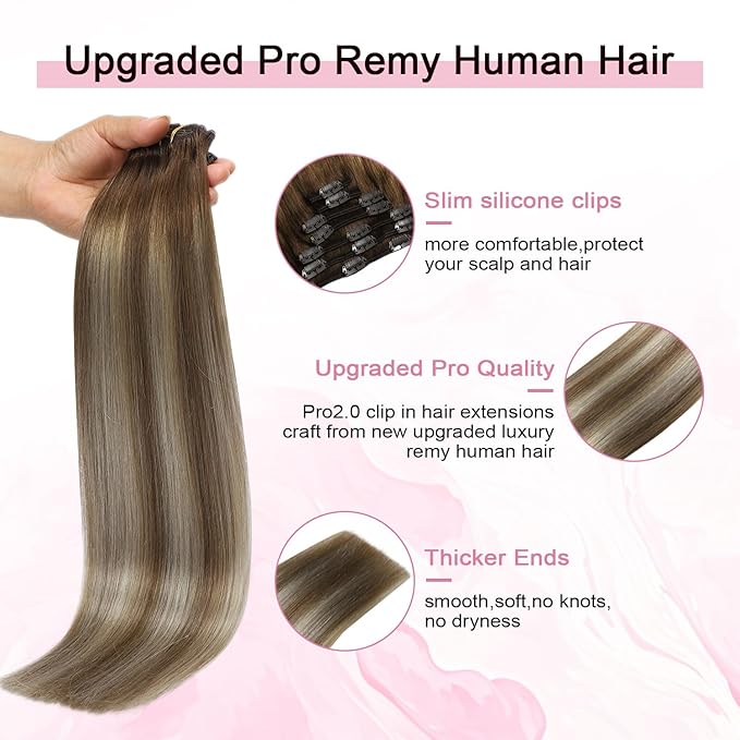 Pro2.0 Clip in Hair Extensions Real Human Hair 22inch 7pcs #3/8/22 Walnut Brown to Ash Brown and Golden Blonde Real Hair Extensions Clip in Human Hair 120g（#3/8/22-22inch）