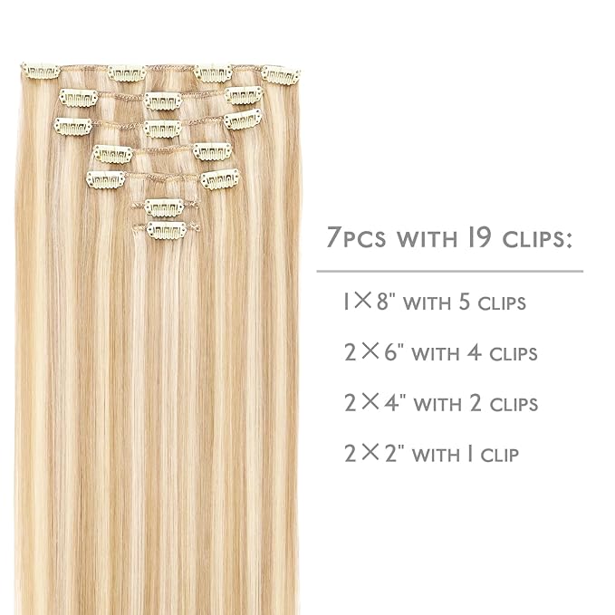 WENNALIFE Clip in Hair Extensions Human Hair 22 Inch 120g 7pcs Dirty Blonde Highlighted Bleach Blonde Hair Extensions Clip in for Women Real Human Hair Rallonge Cheveux Extensions